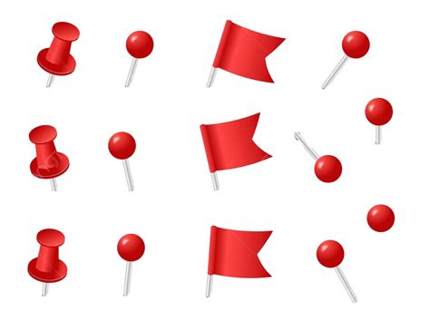 Vector Illustration Of Office Supplies Red Pin Tacks Flags And Buttons