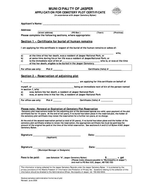 Fillable Online Application For Cemetery Plot Certificate Fax Email Print Pdffiller