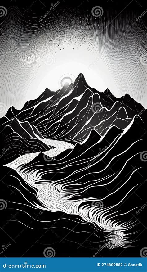 Abstract Mountain Line Art Landscape By Generative Ai Stock