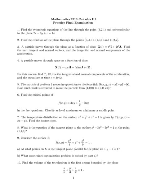 Mathematics Calculus Iii Practice Final Examination