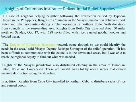 PPT - Knights of Columbus Insurance Deliver Initial Relief Supplie