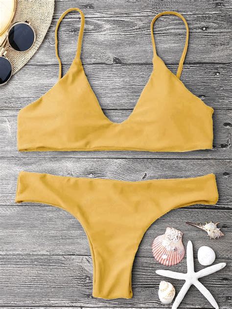 Off Adjustable Straps Padded Bralette Bikini Set In Mustard