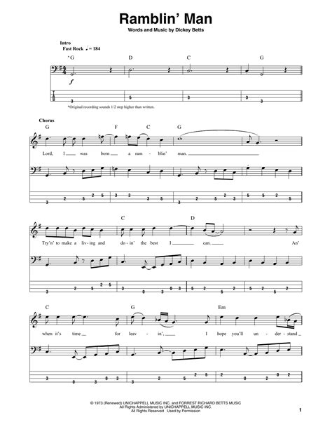 Ramblin Man By The Allman Brothers Band Sheet Music For Bass Guitar