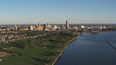 5.7K stock footage aerial video of a wide view of the city skyline in ...