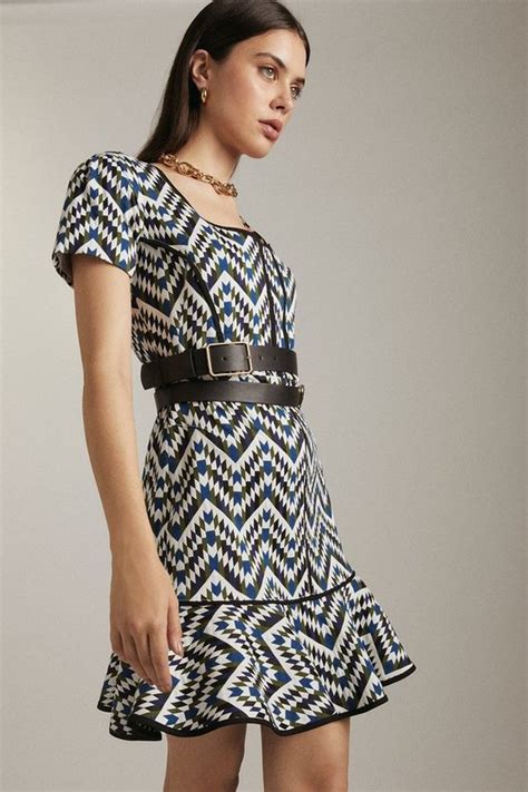 Geo Jacquard Belted Peplum Woven Mini Dress Karen Millen