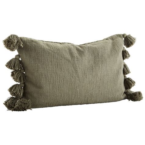 Madam Stoltz Housse De Coussin Rectangulaire Coton Pompons Vert Kaki