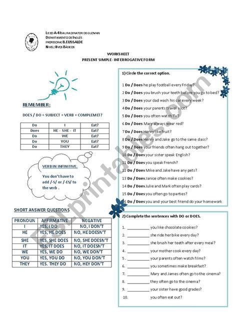 Present Simple Interrogative Form Esl Worksheet By Betelissalde