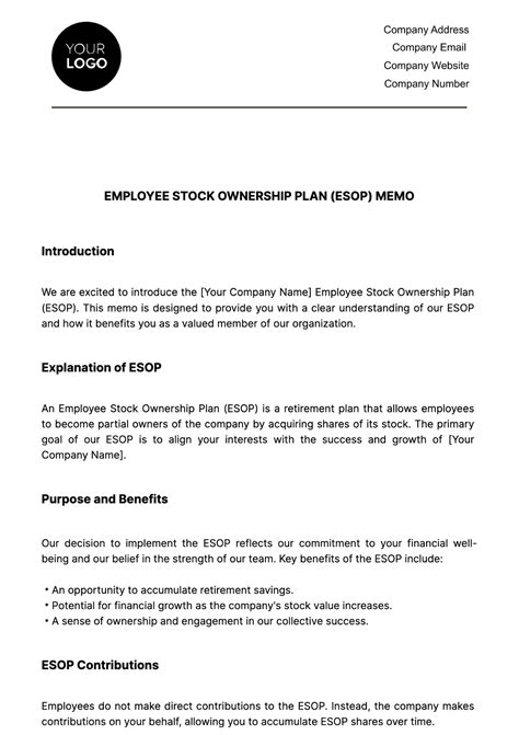 Free Employee Stock Ownership Plan ESOP Memo HR Template Edit