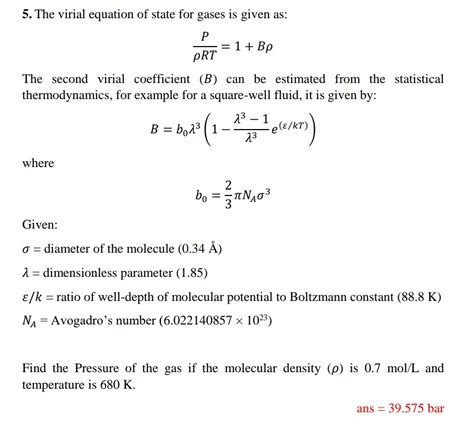 Solved 5. The virial equation of state for gases is given | Chegg.com