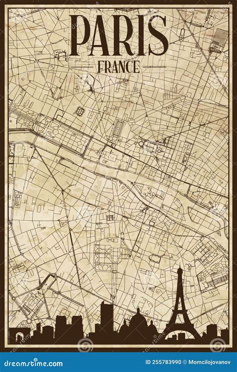 Framed Downtown Streets Network Printout Map Of Paris France Stock