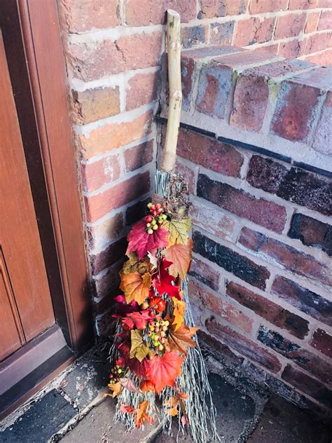 A Beautiful Witches Broom Decorated With Autumn Leaves And Pumpkins This Besom Is Made From A