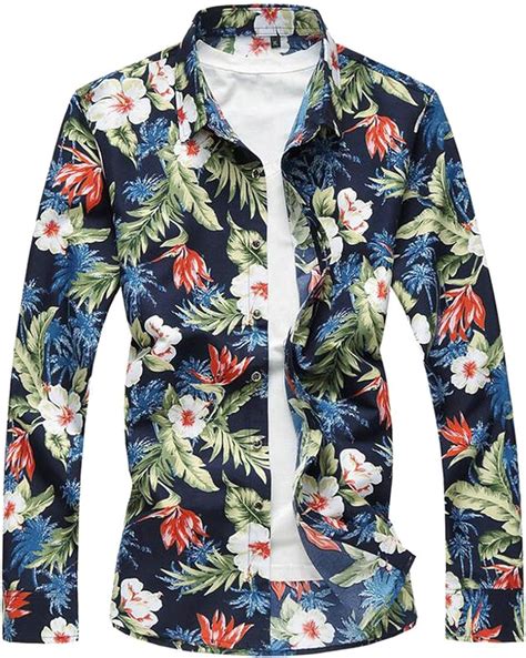 Ontbyb Mens Long Sleeve Tropical Floral Print Hawaiian Aloha Shirt 1