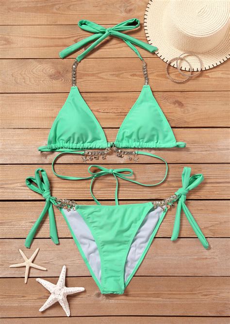 Rhinestone Starfish Tie Halter Bikini Set Light Green Fairyseason