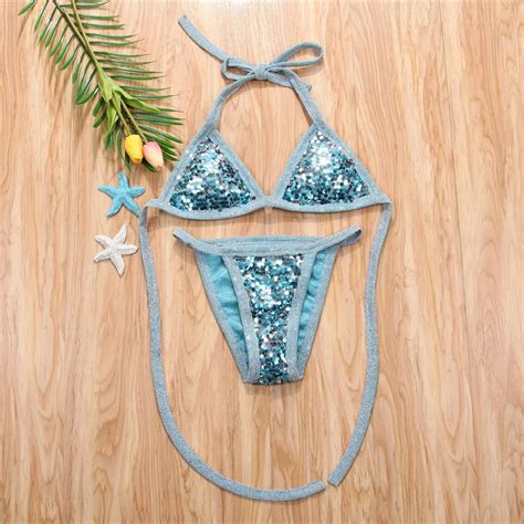 Women Bandage Sequins Bikini Set Push Up Padded Bra Thong Swimwear