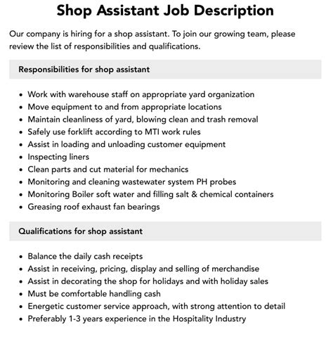 Shop Assistant Job Description | Velvet Jobs