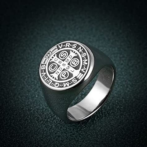 Stainless Steel St Benedict Exorcism Ring Catholic Cross Demon