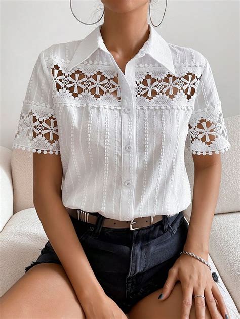 White Elegant Collar Short Sleeve Woven Fabric Plain Shirt Embellished