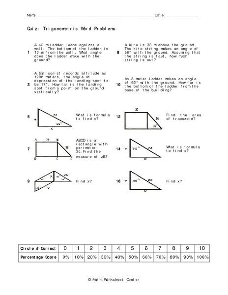 Trig Word Problems Worksheets Answers