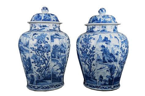 Pair Of Kangxi Monumental Lidded Vases Blue And White Decor China