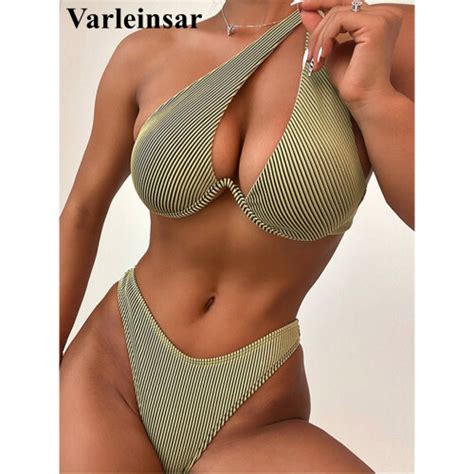 Ribbed Underwired Asymmetric Bikini Female Swimsuit Women Swimwear Two