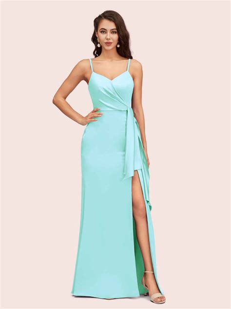 Sexy Spaghetti Straps V Neck Long Mermaid Satin Bridesmaid Dresses With