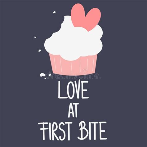 Cute Hand Drawn Lettering Love At First Bite Quote With Cartoon Cupcake