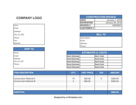 Construction Invoice Template - Construction Invoices | nuTemplates