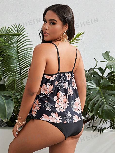 SHEIN Swim Curve Bañador bikini con estampado tropical con abertura