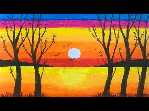 a painting with trees and the sun setting in the distance, painted on ...