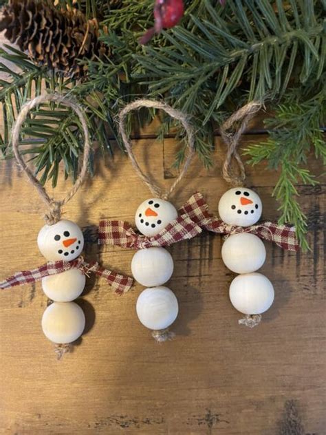 Set Of Handmade Wood Bead Snowman Ornaments Christmas Winter Decor Ebay