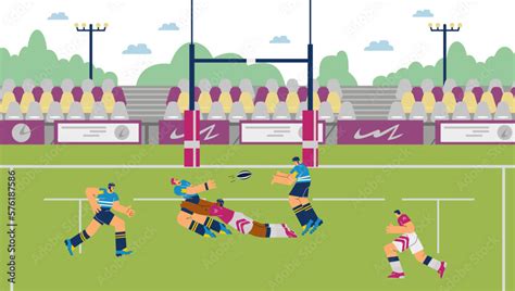 Stadium field with rugby league teams match, flat cartoon vector illustration. Stock Vector ...