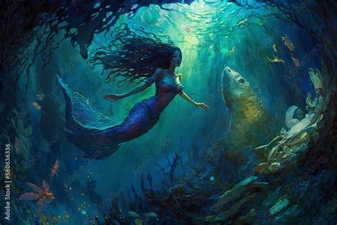 Underwater Fantasy | A fantastical underwater world with mermaid, sea creatures. swimming ...