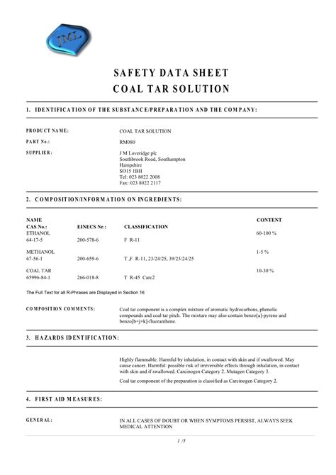 Safety Data Sheet Coal Tar Solution DocsLib