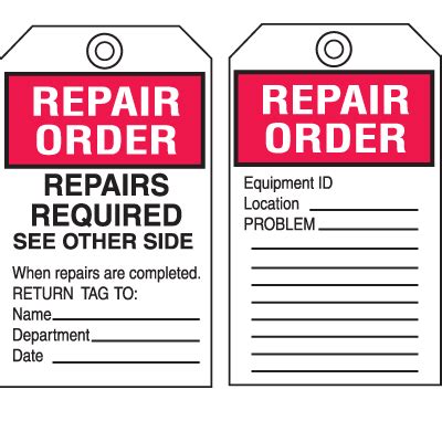 Equipment Inspection Tags - Repair Order Repairs Required | Seton