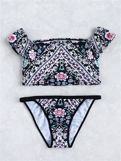 Romwe Romwe Calico Print Bardot Bikini Set Adorewe Bikinis