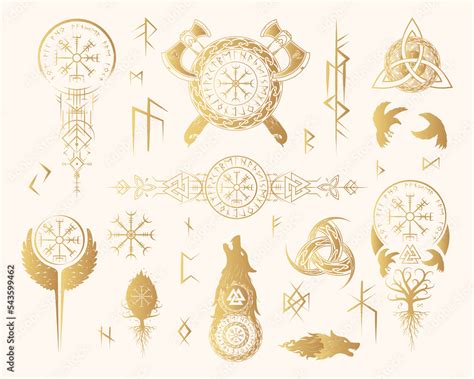 Viking Runes And Symbols Golden Collection Hand Drawn Isolated Set Of