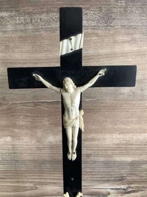 Ancien Crucifix Napoleon Iii Bois Noirci Os Xix Calvaire Croix Religion