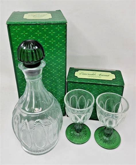 Vintage Avon Emerald Accent 2 Cordial Wine Glasses And 1 Decanter Boxes Vintage Memories And More