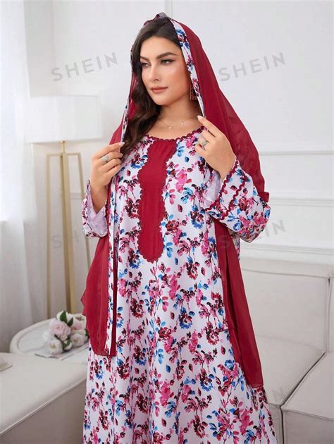 Shein Najma Plus Floral Print Contrast Trim Dress Scarve For Summer