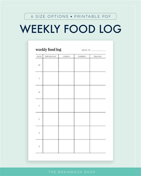 Weekly Food Log Food Diary Food Journal Food Tracker Printable A4 A5 Letter Half Letter