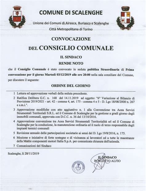 Convocazione Del Consiglio Comunale Marted Dicembre