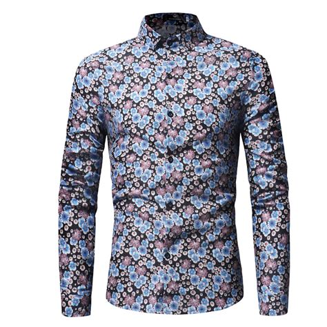 Mens New Fashion Flower Printed Long Sleeve Shirts Men Camisa Male Slim