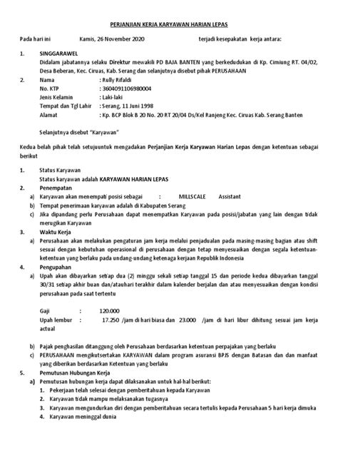 Perjanjian Kerja Karyawan Harian Lepas Pdf