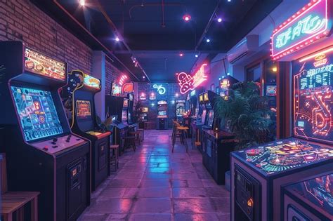 Sala de juegos retro con máquinas arcade antiguas y un letrero de neón