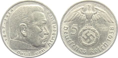 Drittes Reich 1938 A 5 Mark Hindenburg Mit Hakenkreuz VF MA Shops