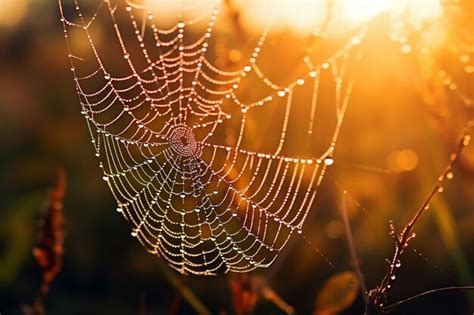 Premium Ai Image Spider Web With Dew Drops Morning Sunrays In Full