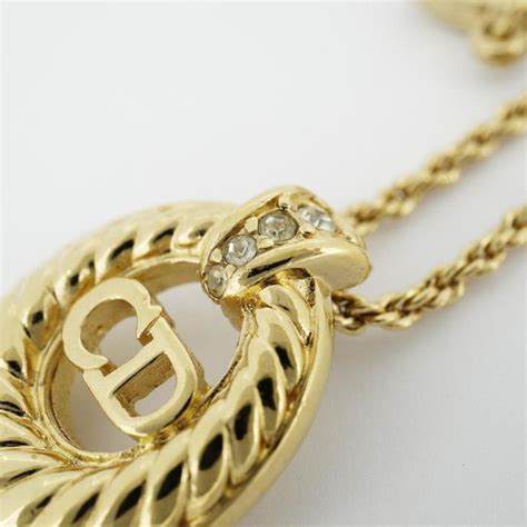 Dior Christian Dior Necklace Cd Logo Oval Rhinestone Gp Plated Gold