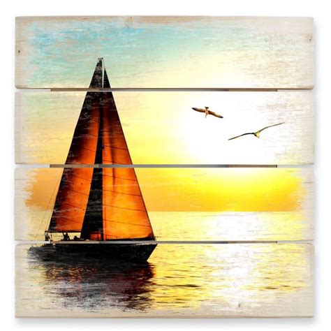 Tableau Sur Bois Voilier Au Coucher Du Soleil Wall Art Fr