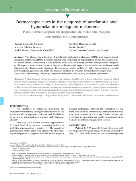 Pdf Dermoscopic Clues In The Diagnosis Of Amelanotic And