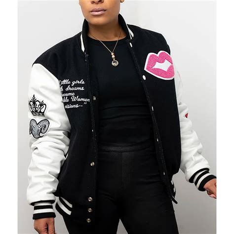 Full-Snap Black/White Adorable Woman Varsity Jacket